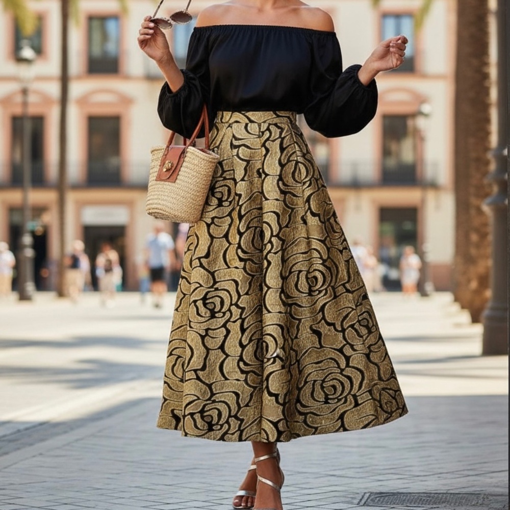 # A237 N by Nancy Power Chic Gold & Black Floral Embroidered Skirt NWT M - Picture 3 of 8